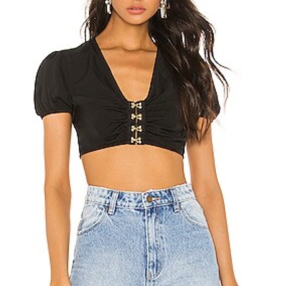 Women’s Charlie Crop Top in Black. Superdown Small. Metal Hook & Eye Puff Sleeve - Picture 1 of 15